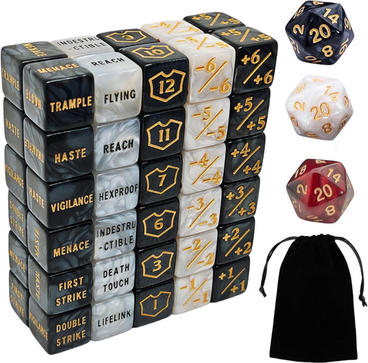 63 PCS MTG Counter Dice Set - AbilityKeyword Counters, -1/+1 Life Counter, Shield Life Counter Dice, Creature Stat Buffs, Marble Colour D6 Cube Dice, for MTG, TCG, Card Games (Includes Black Bag)