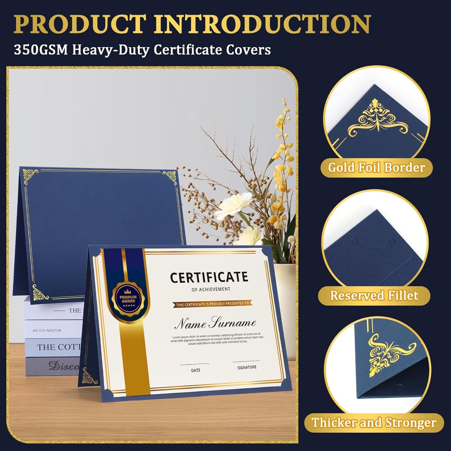 Ndsox 50 Packs Navy Blue Certificate Holders, Graduation Diploma Holders, 350GSM, Diploma Covers with Gold Foil Border for Letter Size 8.5" x 11" Award Certificate Paper, Cardstocks and Documents