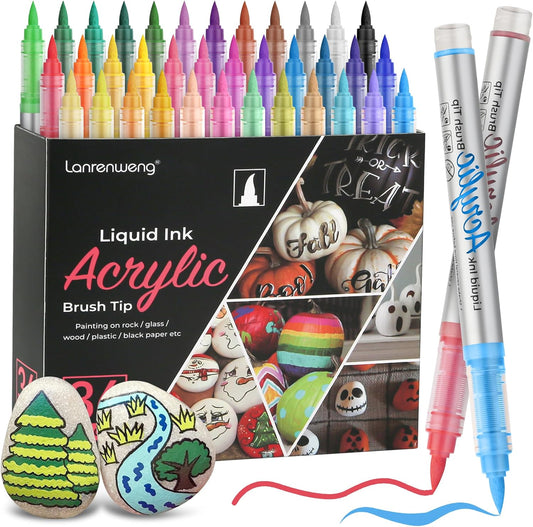 36 Colors Paint Markers Acrylic Paint Pens, Brush Tip Water Based Markers with Direct Ink System for Halloween Pumpkin Rock Painting ,Glass, Wood, Paper, Ceramic, DIY Art Supplies Kit for Kids ＆ Adult