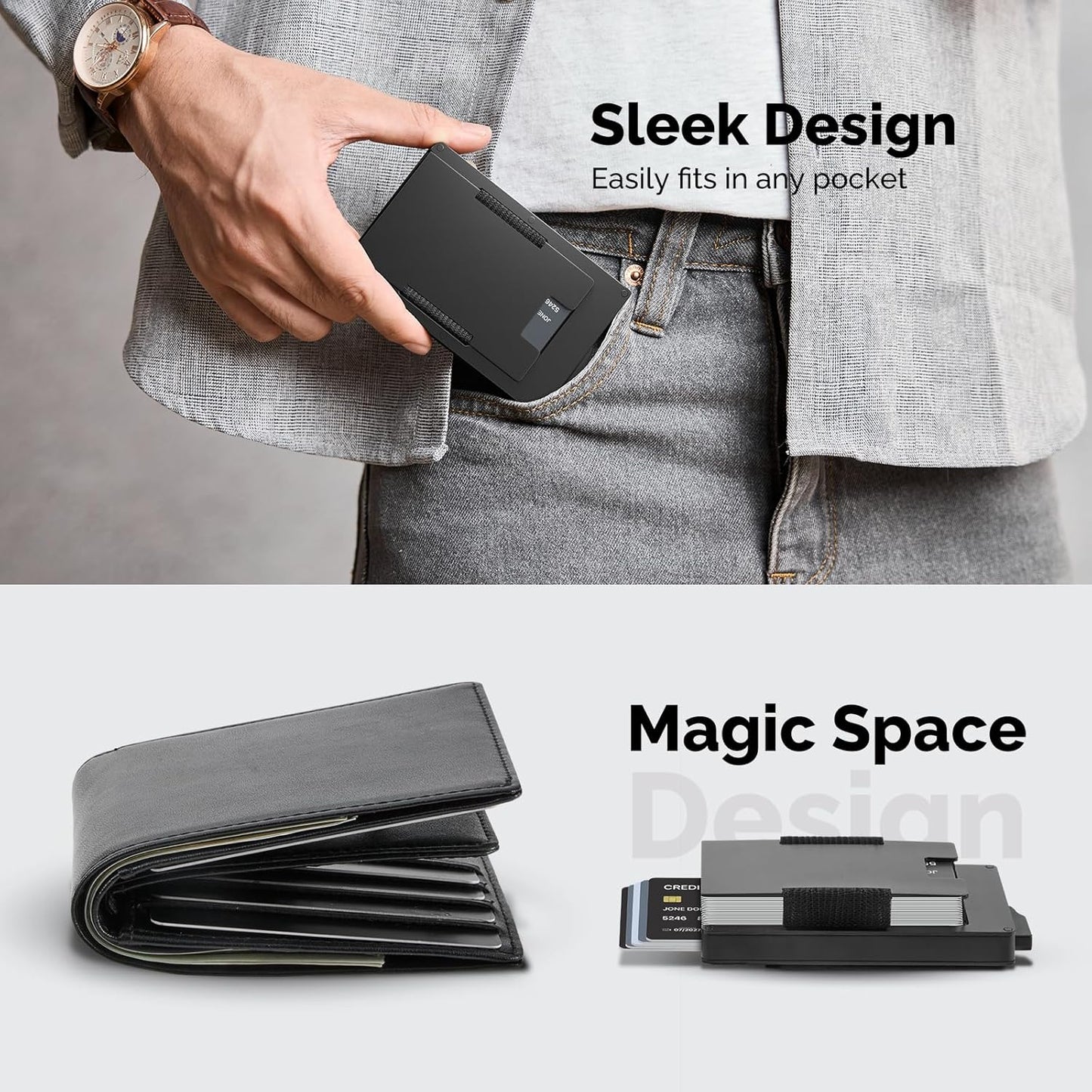 Wallet for Men with Money Clip - Flexible Storage for up to 20 Cards & Bills, RFID Blocking Card Holder with Smart Card Slot, Minimalist Mens Wallet, Metal Pop Up Wallets, Gifts for Men Black