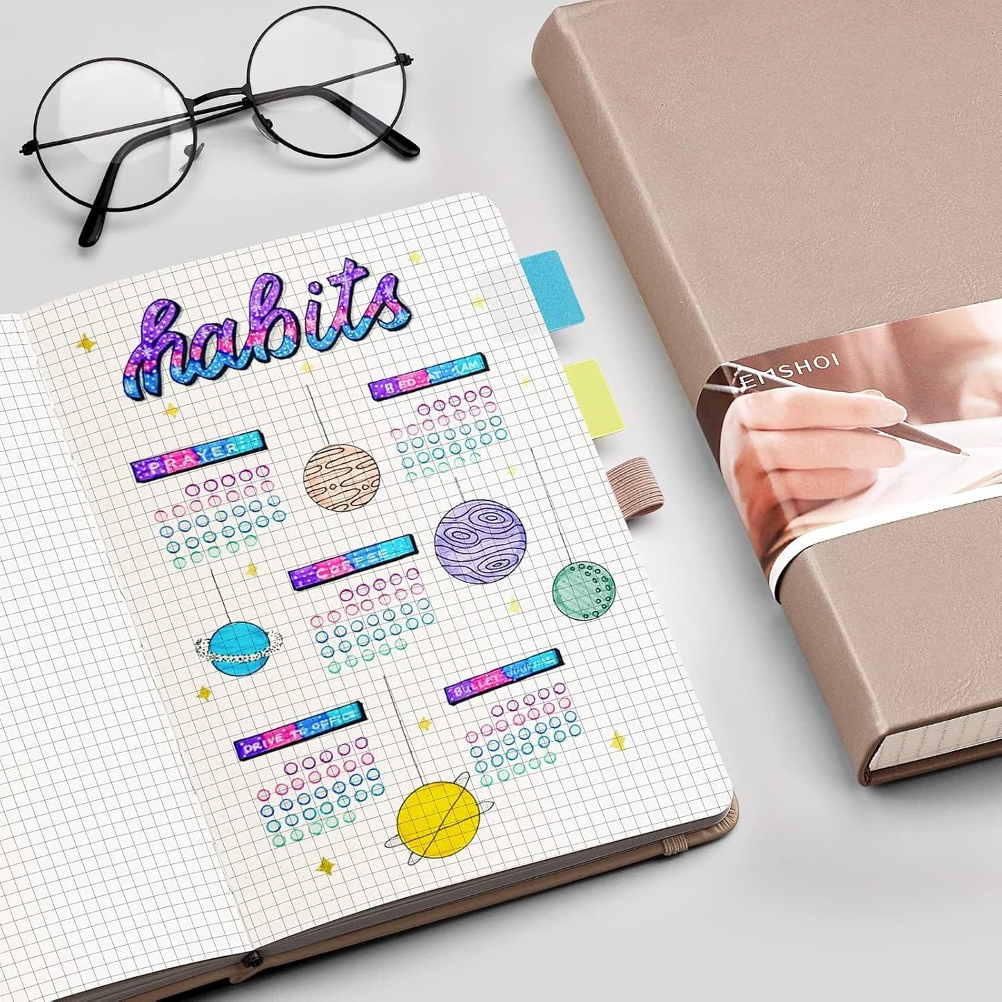 EMSHOI A5 Graph Paper Notebook - 256 Pages PU Leather Hardcover Journal, 120gsm Thick No-Bleed Grid Paper Notebook for Women Men Work School Math Engineering, 5.75" x 8.38" Khaki