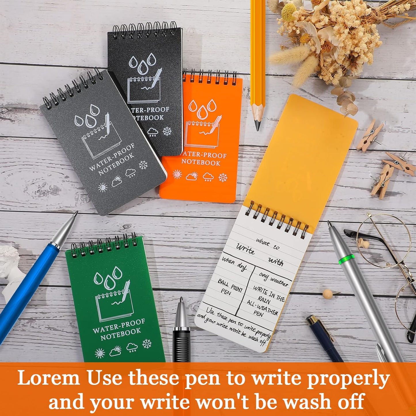 50 Pcs Waterproof Notebook Bulk, 5 x 3 Inch Pocket Notepad Top Spiral Memo All Weather Police Notebook Tactical Journal Writing Note Pad for Outdoor Activities Recording, Black Gray Blue Yellow Orange