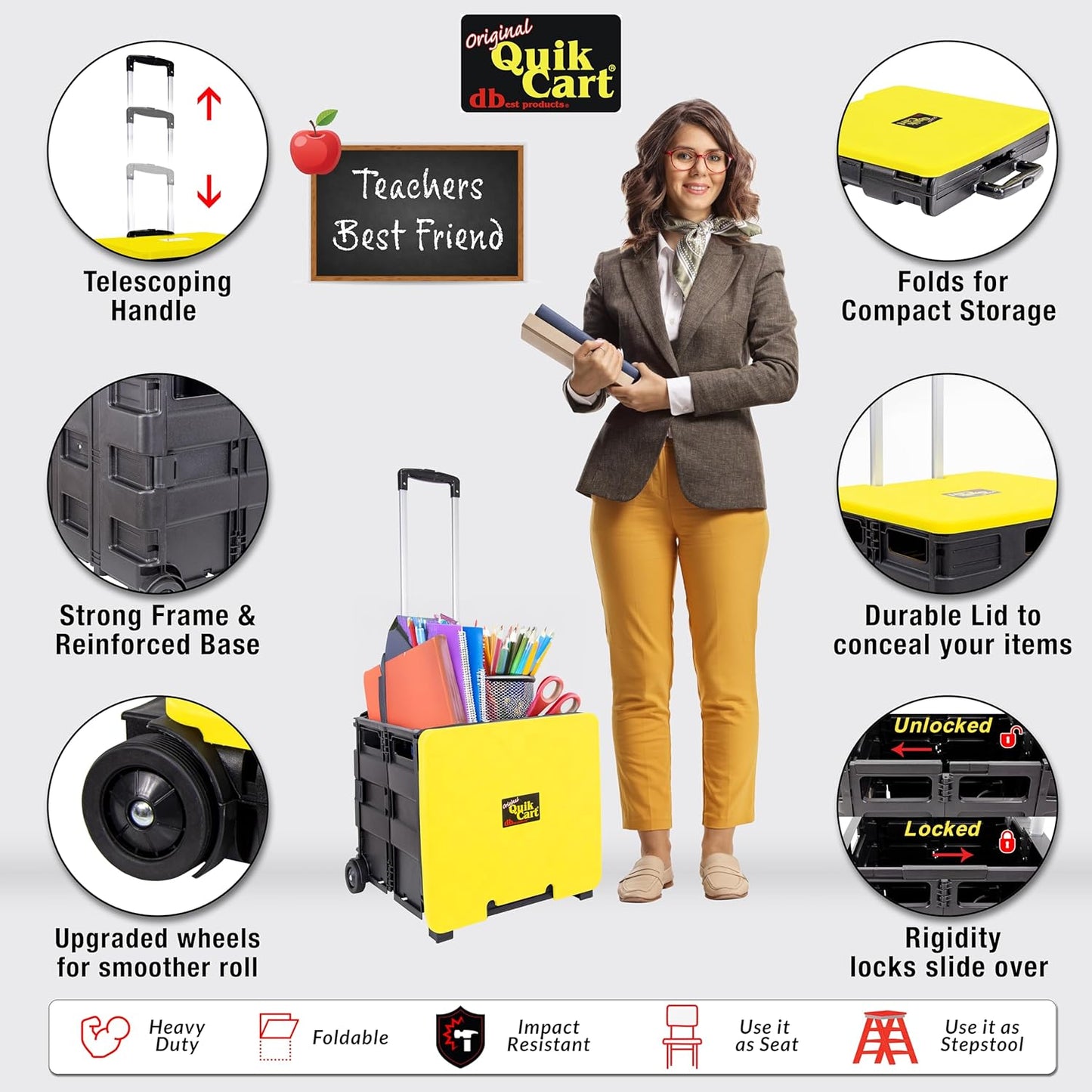 dbest products Quik Cart Collapsible Rolling Crate on Wheels for Teachers Tote Basket 80 lbs Capacity, Made from Heavy Duty Plastic and Used as a Seat, Canary, Yellow