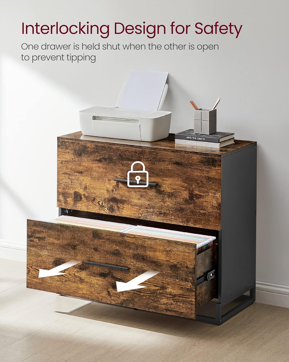 VASAGLE Lateral File Cabinet, Home Office Printer Stand, 2-Drawer Filing Cabinet, with Anti-tip Interlocking Mechanism, for A4, Letter-Size, Legal-Size Hanging Files, Rustic Brown and Ink Black