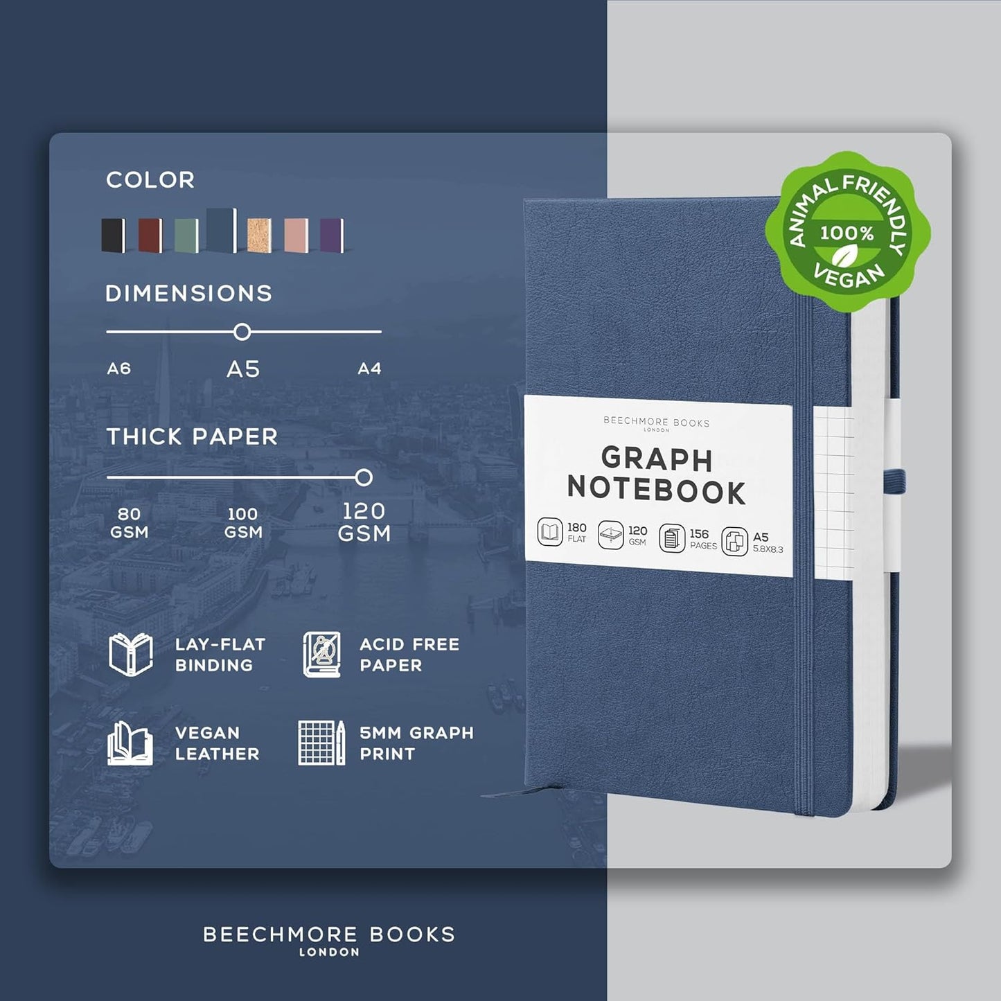 BEECHMORE BOOKS Graph Paper Notebook - Regular, Navy | Premium Square Grid Math & Science Journal | 5.75" x 8.25" Hardcover Vegan Leather | Thick 120gsm Cream Graph Paper | Gift Box for Men & Women