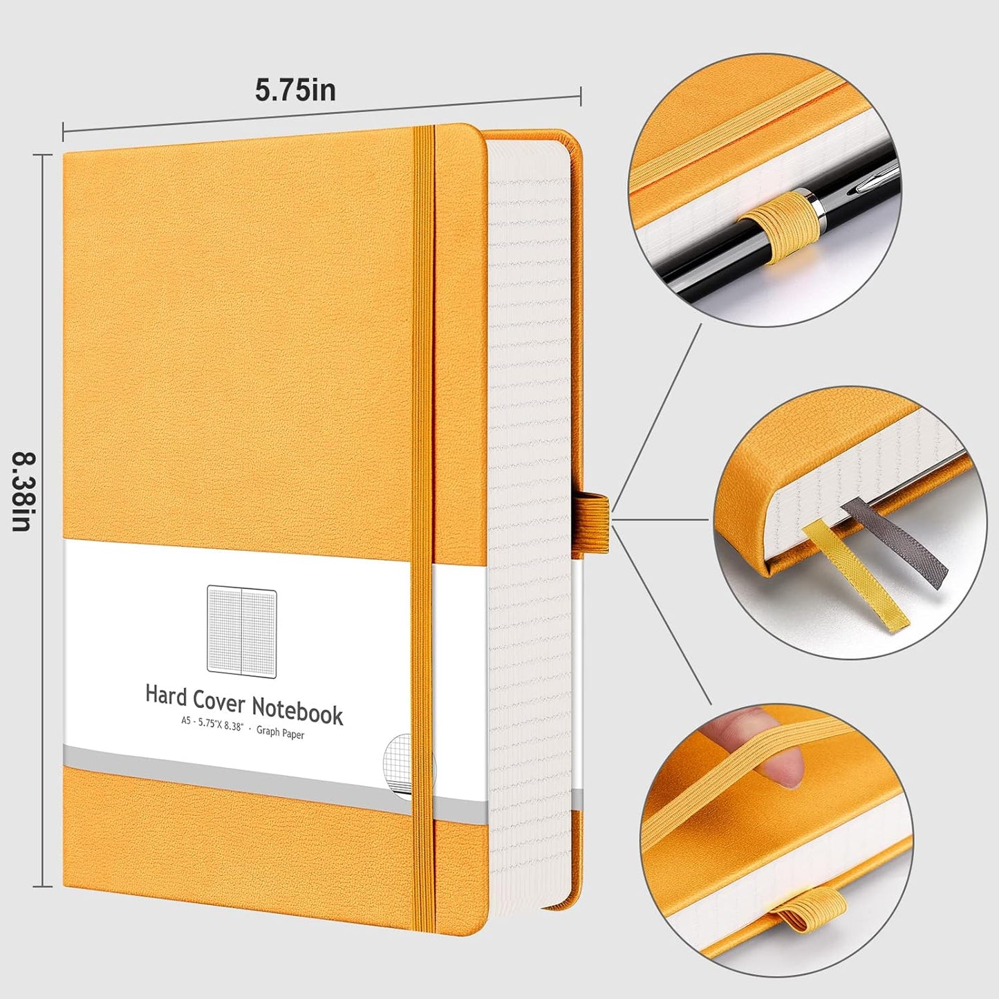 AHGXG Graph Paper Notebook - 320 Pages Grid Notebook Thick Journal A5, 100gsm Thick Graph Paper, Leather Hardcover, Inner Pocket,5.75'' × 8.38''- Yellow