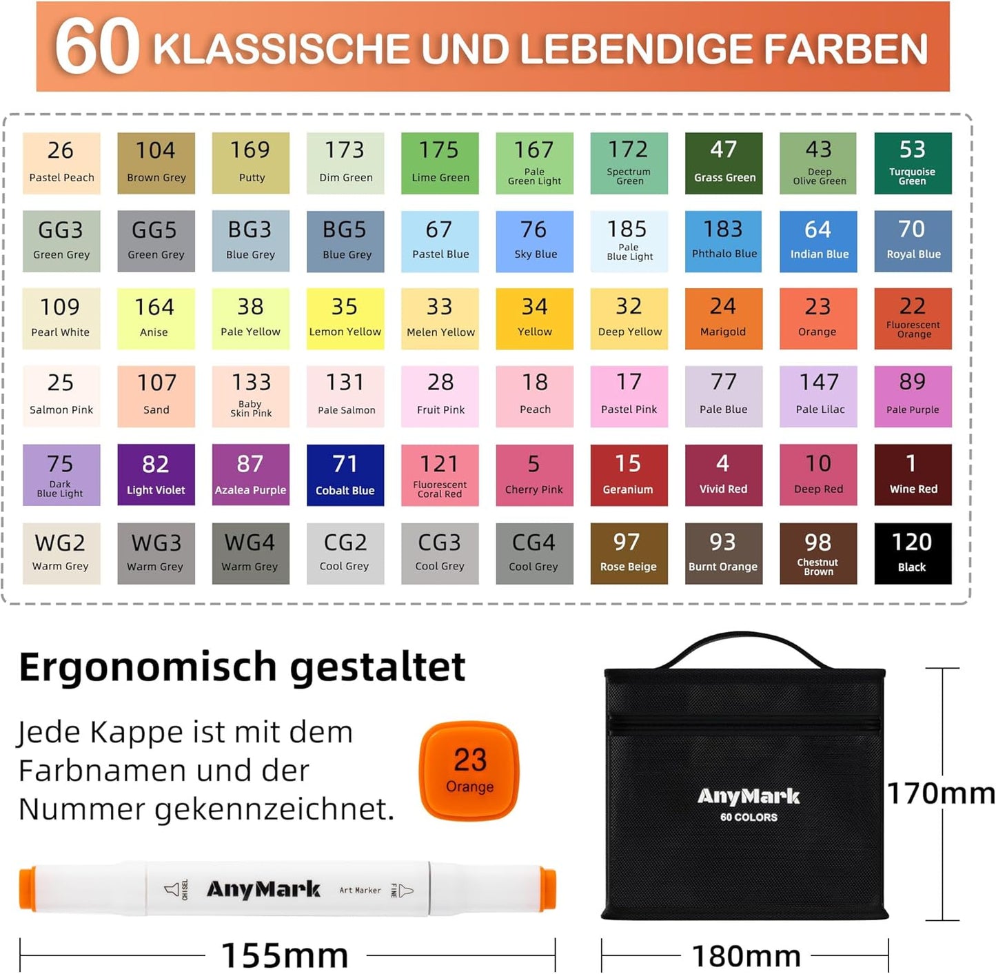 AnyMark Alcohol Markers, 60 Colors Dual Tip Art Coloring Markers Set for Kids Adult Book Drawing Sketching Painting, Chisel & Fine, White Penholder