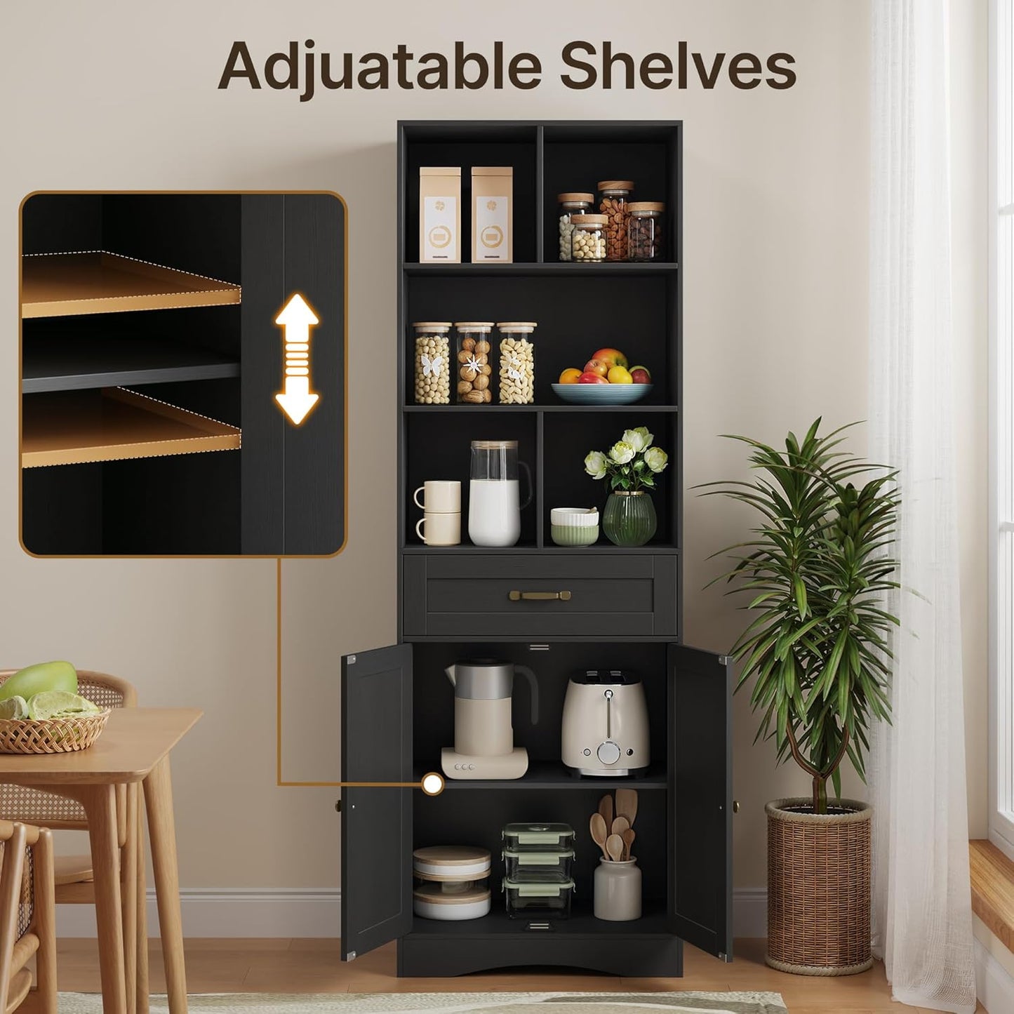 Gizoon 71'' Tall Storage Cabinet, Kitchen Pantry Cabinet with Doors & Drawers, Wooden Storage Organizer for Living Room, Office, Kitchen, with Adjustable Shelves, Anti-tip, Metal Handle, Black