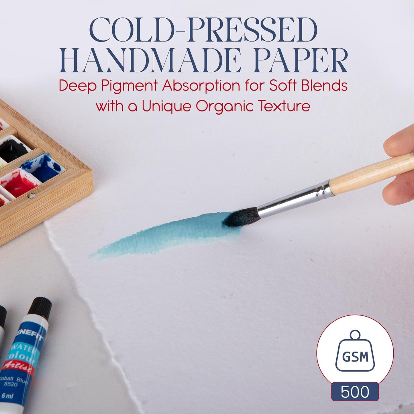 Wanderings Thick Handmade Watercolor Paper with Deckled Edge - 9x12-500GSM Premium White Cold-Pressed Textured Mixed Media Paper Made with Recycled Cotton - 15 Loose Leaf Sheets