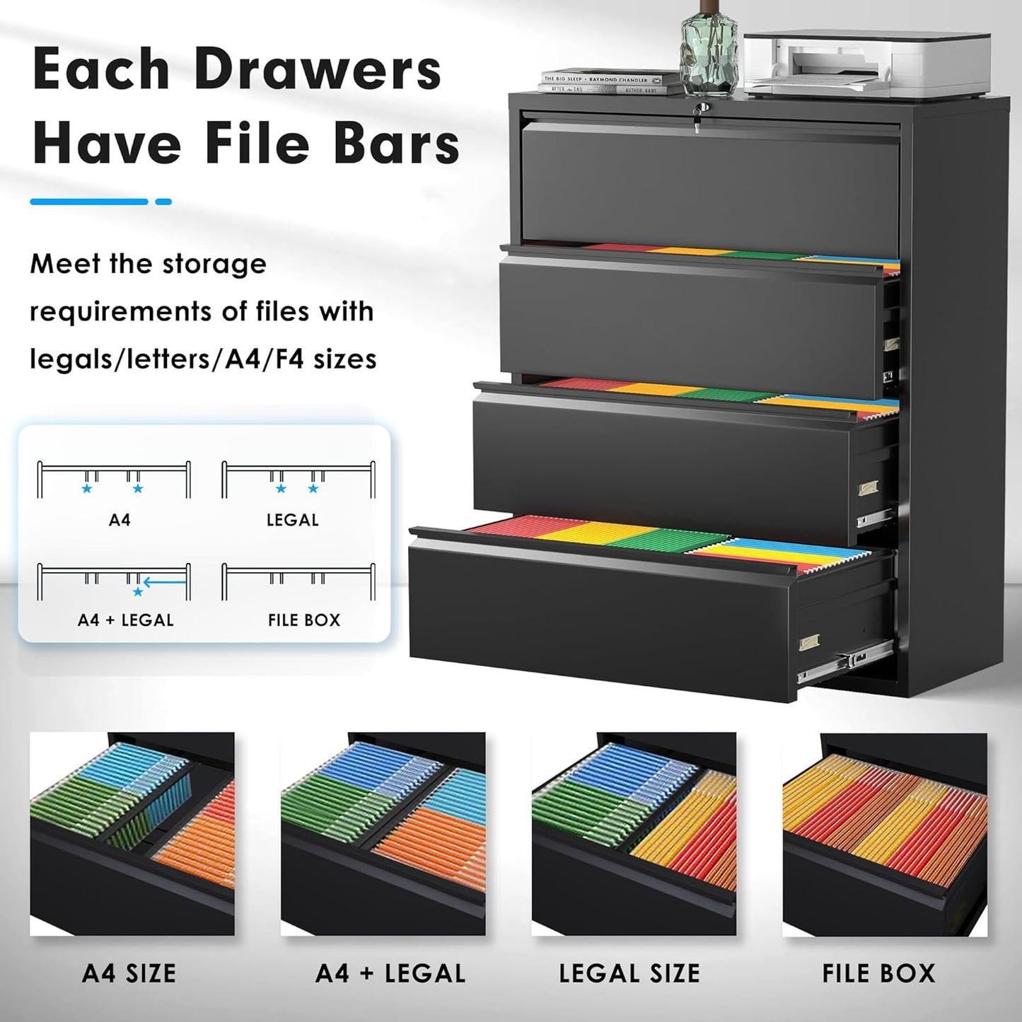 Pataku 4 Drawer File Cabinet with Lock, Metal Lateral File Cabinets for Home Office 4 Drawer, Locking Filling Cabinets for Hanging Files Letter/Legal/F4/A4 Size (Blcak)