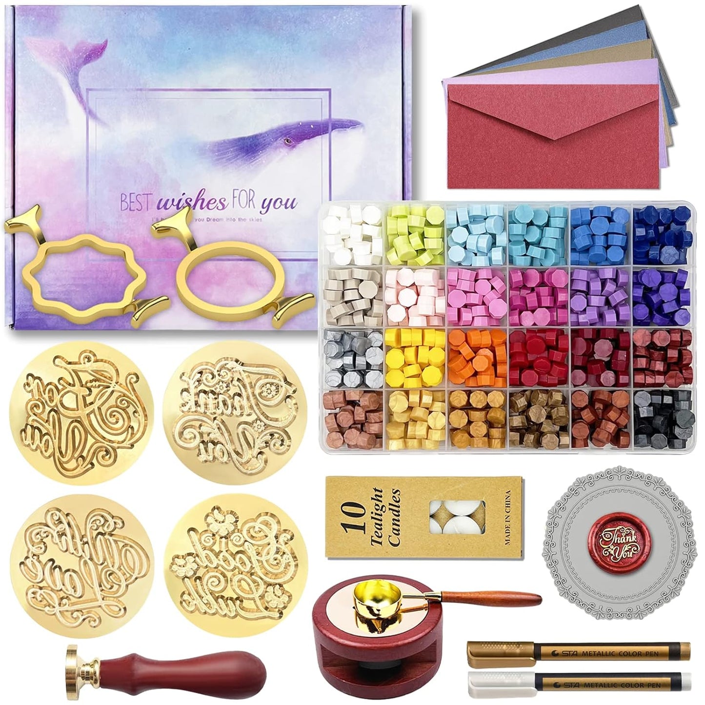 Wax Seal Stamp Kit with Gift Box, 672 Pcs Wax Seal Beads, 4 Pcs Wax Stamps, 2 Pcs Wax Seal Molds, Sealing Wax Warmer, Spoon, Mat, Metallic Pens, Candles, Wax Seal Kit for Craft Gift