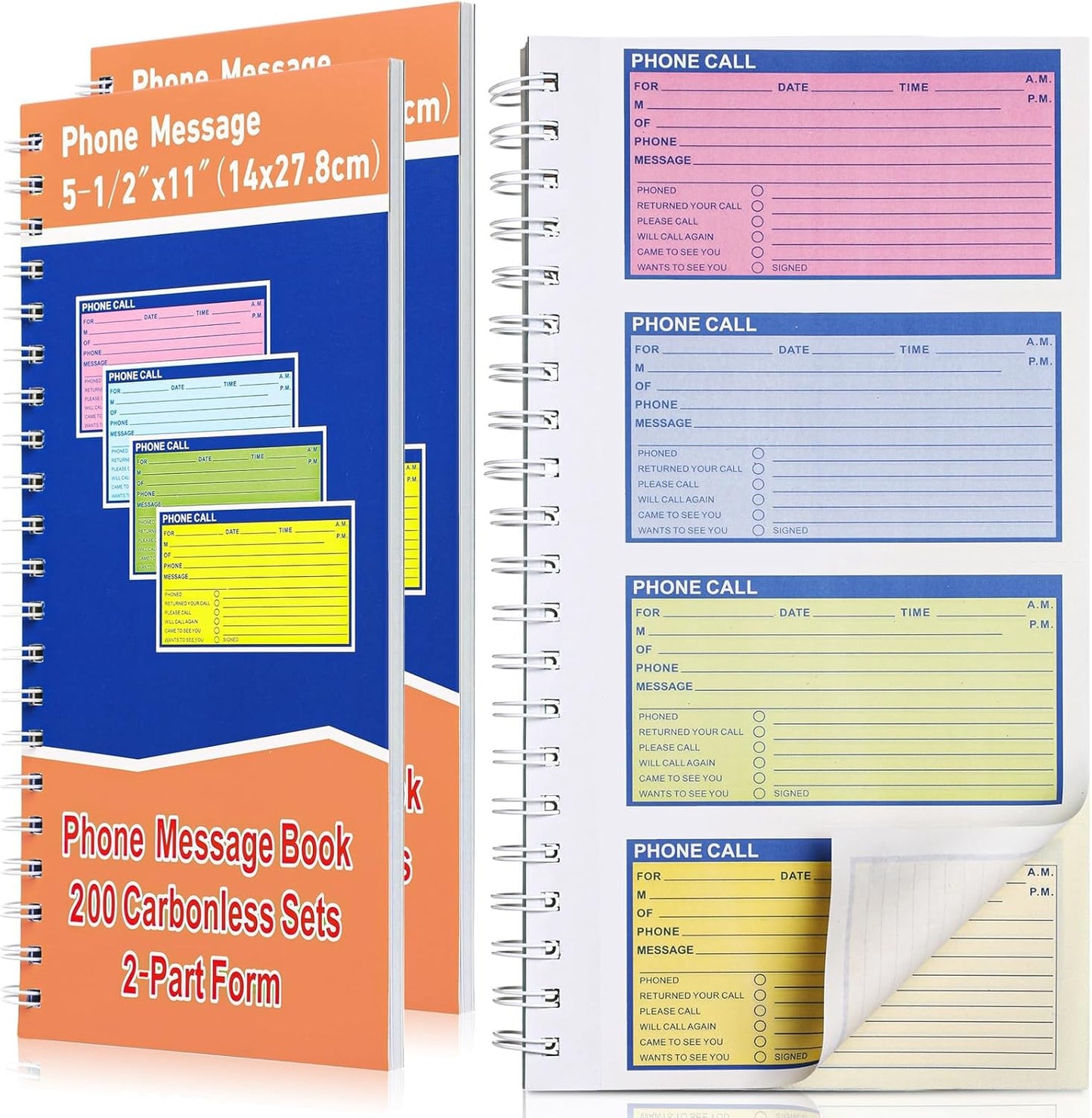 Fullhawl 2 Pcs Spiral Bound Phone Message Book 5-1/2" x 11" 2 Part Colorful Carbonless Message Pads 4 Messages Per Page Carbon Copy Notebook Spiral Phone Call Log Book for Business Office
