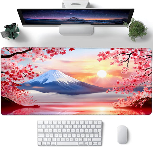 Desk Mat, Cherry Blossoms Mount Fuji Sunrise Large Gaming Mouse Pad with Non-Slip Base Stitched Edges,Desk pad for Keyboard and Mouse Home Office 35.4"x15.7"