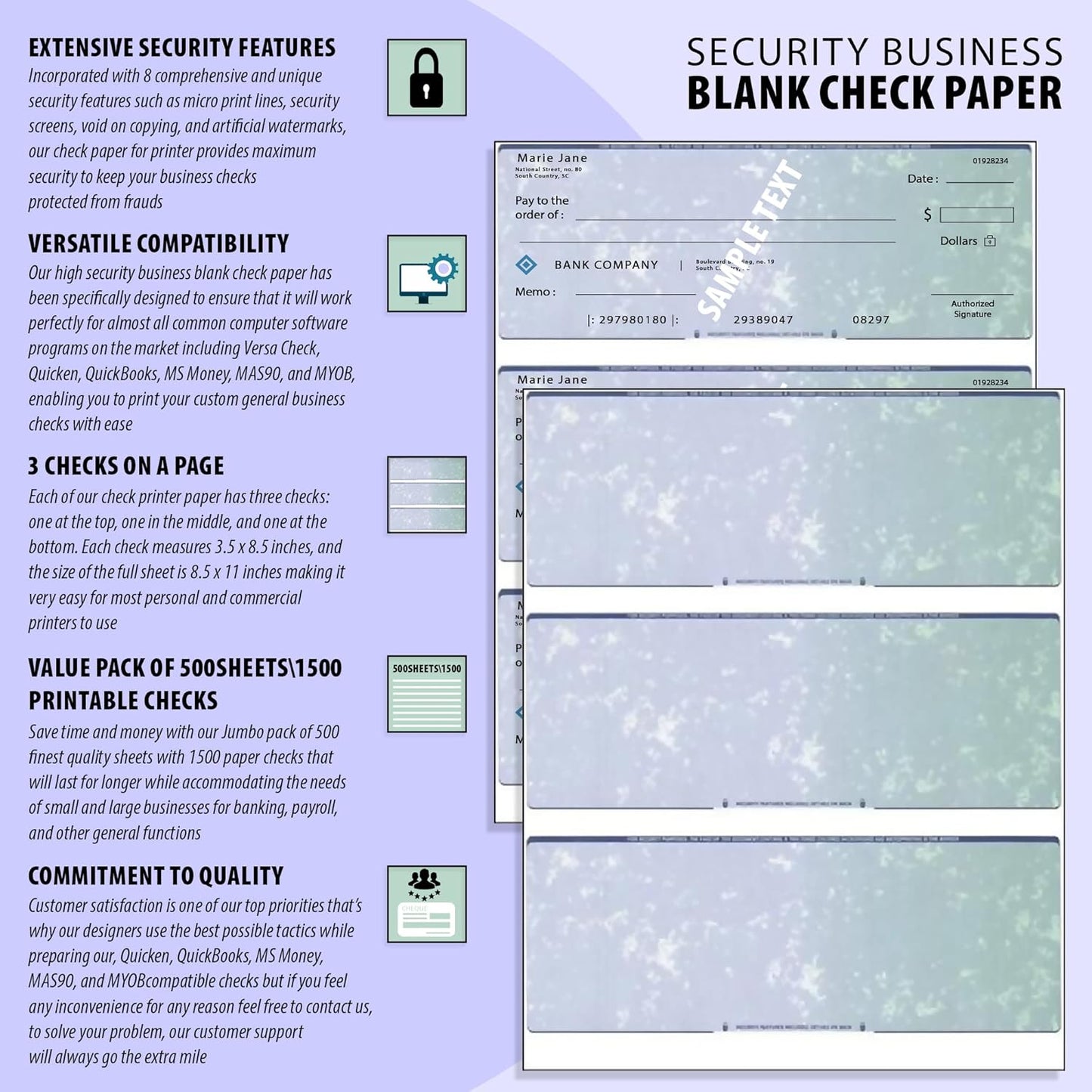 Business Voucher Check Stock - Computer Laser Checks - 3 Checks Per Page, 500 Sheets/1500 Checks, Blue/Green Prismatic