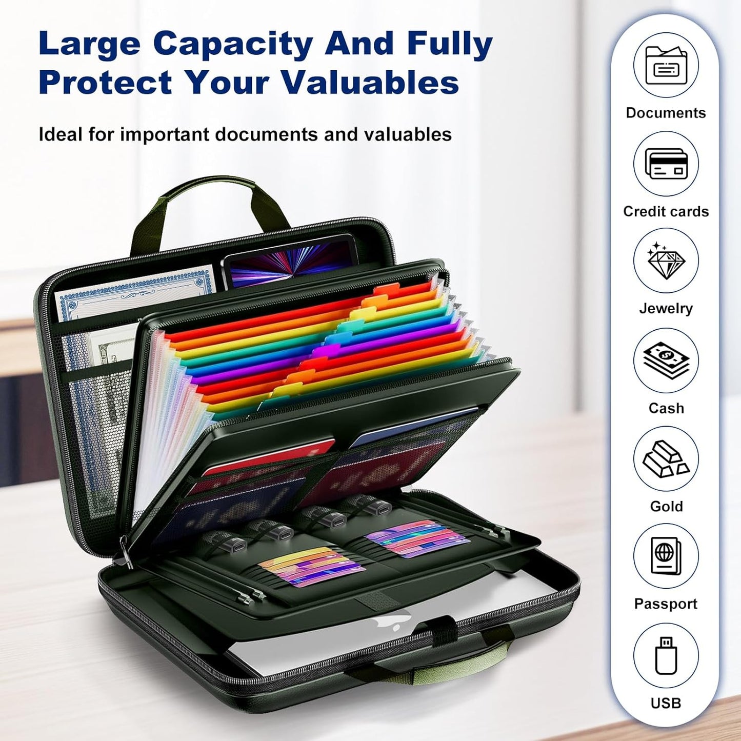 Fireproof Document Box, Hard Case Fireproof File Organizer Box with Lock and 13 Pocket Accordion File Folder, Portable Safe Box for Home Office Travel to Storage Important Documents Laptop Green