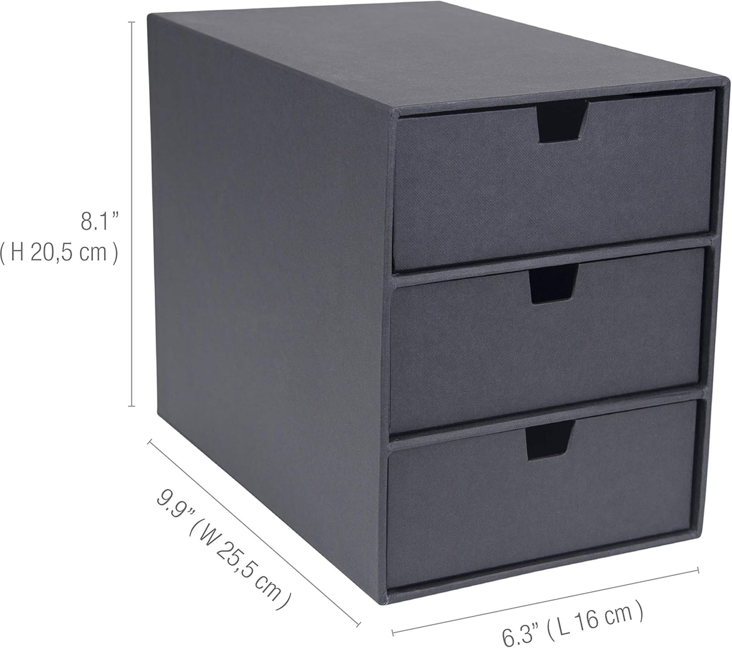 Bigso Ingrid 3-Drawer Fiberboard Desk Organizer for Office Supplies and Accessories - Stackable Makeup Drawer Organizer - 6.3in x 9.9in x 8.1in - Dark Grey