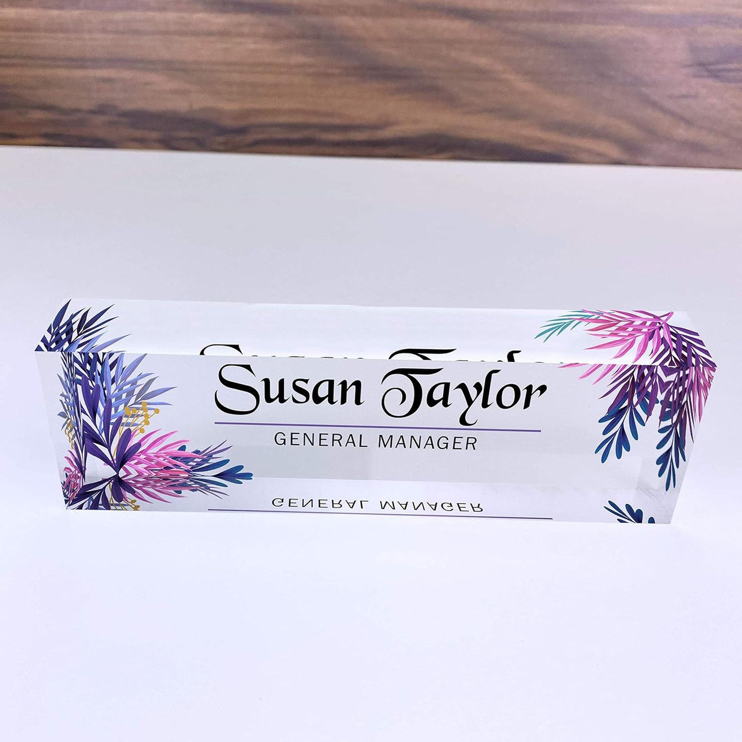 Artblox Office Desk Name Plate Personalized | Custom Name Plates for Desks | Leaf Purple Design On Clear Acrylic Glass | Office Desk Decor - (8" x 2.5")