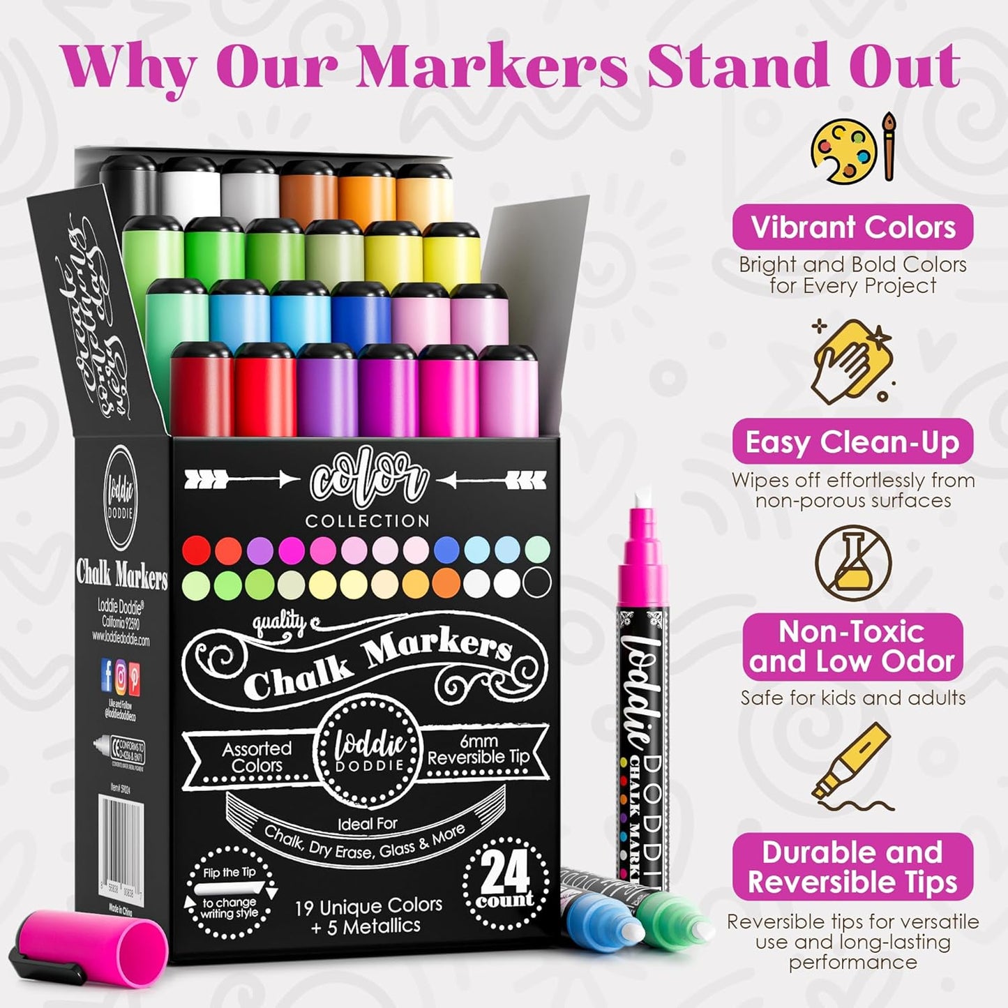Loddie Doddie Chalk Markers - 24-Pack, 6mm Reversible Bullet & Chisel Tip - Dust-Free, Erasable Liquid Chalk Markers - Versatile for Windows, Glass & Chalkboard Surfaces