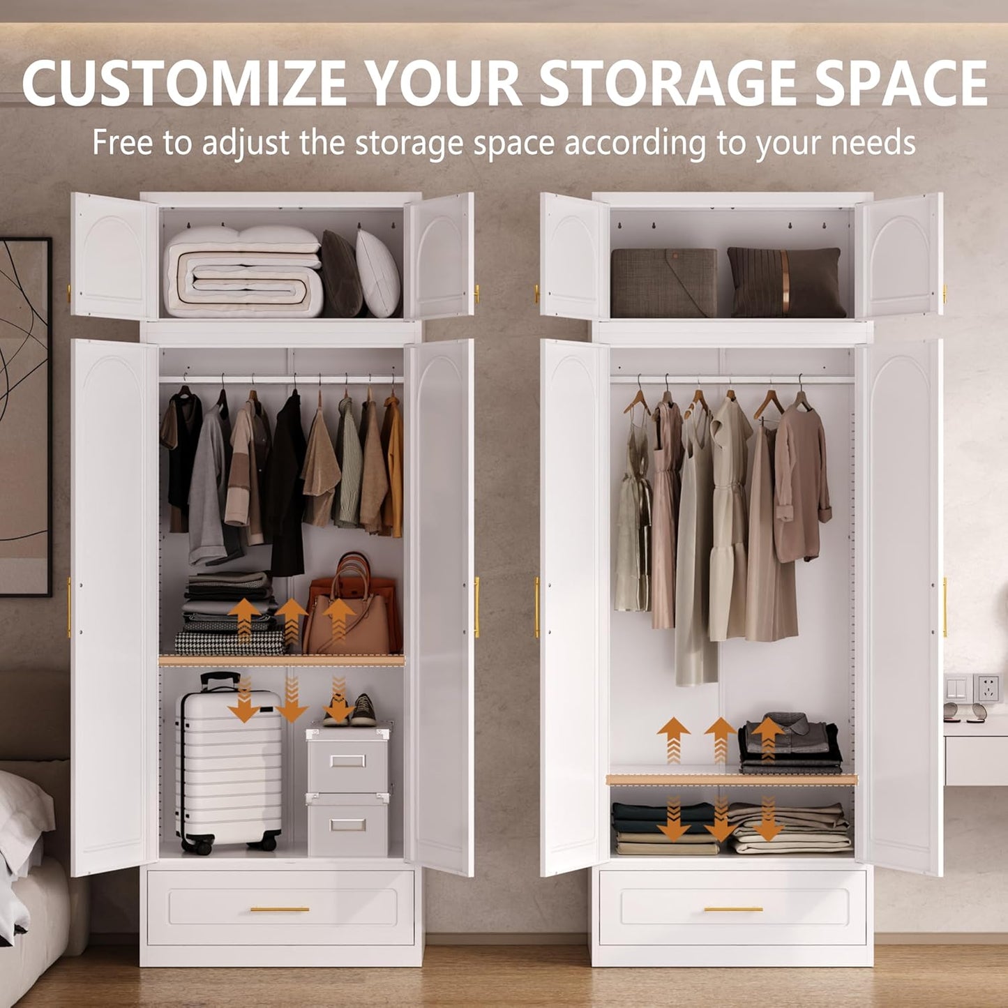 Metal Armoire Wardrobe Closet with Drawer, Freestanding Wardrobe Cabinet with Hanging Rod, Large Clothing Storage Cabinet with Doors for Bedroom, 18" D x 32" W x 86" H, White, Assemble Required