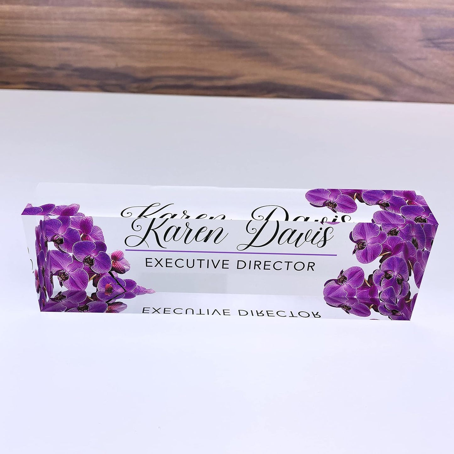 Artblox Office Desk Name Plate Personalized | Custom Name Plates for Desks | Purple Orchid Design On Clear Acrylic Glass | Office Desk Decor - (8" x 2.5")