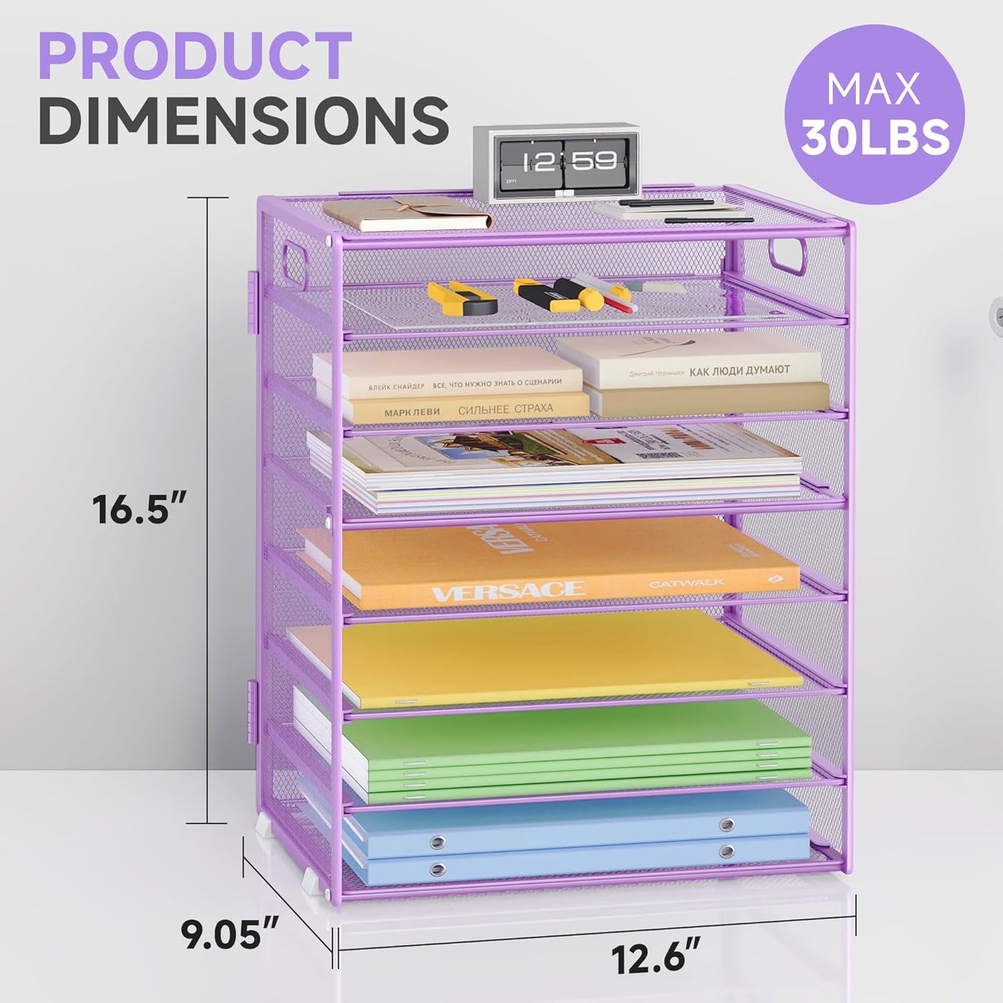 8 Tier Paper Organizer with Handle, Metal Mesh Desk File Organizer, Large Capacity Desk Organizers Paper Letter Tray Desktop Document Sorter for Office, Home or School - Purple