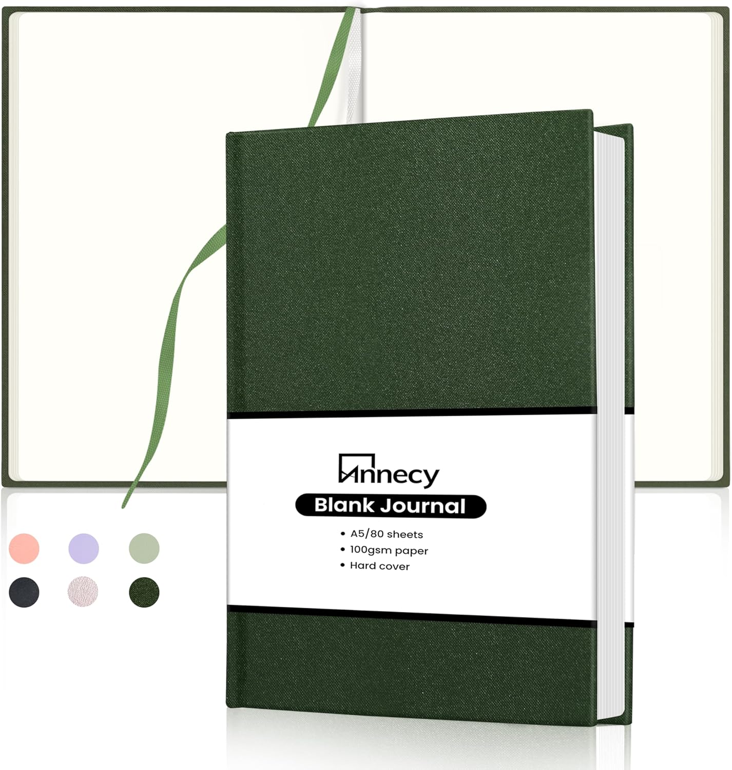 Annecy Blank Journal Notebook, Medium 5.5x 8.25, 160 Pages 100GSM Writing Paper, A5 Deep Green Linen Cover