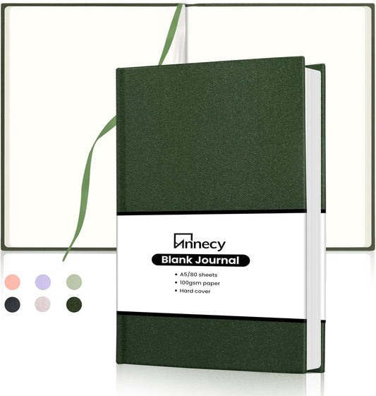 Annecy Blank Journal Notebook, Medium 5.5x 8.25, 160 Pages 100GSM Writing Paper, A5 Deep Green Linen Cover