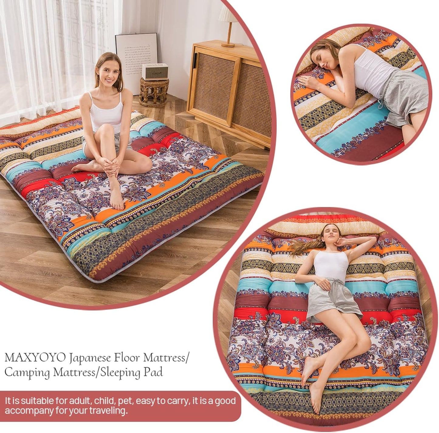 MAXYOYO Bohemian Retro Floor Mattress Vintage Floral Japanese Futon Mattress Roll Up Thicken Sleeping Bed Portable Camping Mattress Floor Lounger Couch Bed Mattress Pad, Full Size