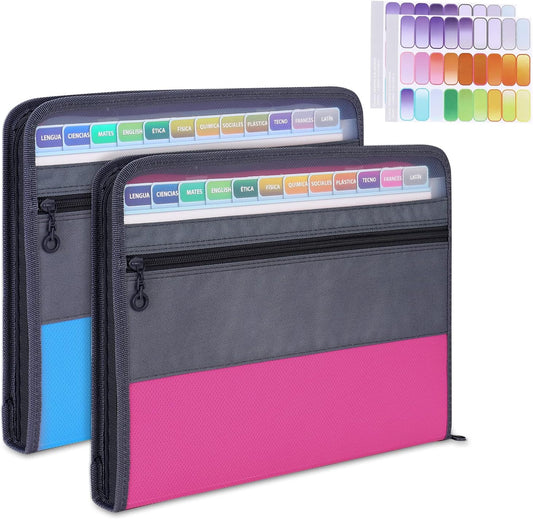 MEGREZ A4 Paper File Folder with 13 Pockets, Accordion File Folder with Zipper File Folder Organizer for Office, Waterproof Expanding File Folder with Tabs, Pink & Blue(2 Packs)
