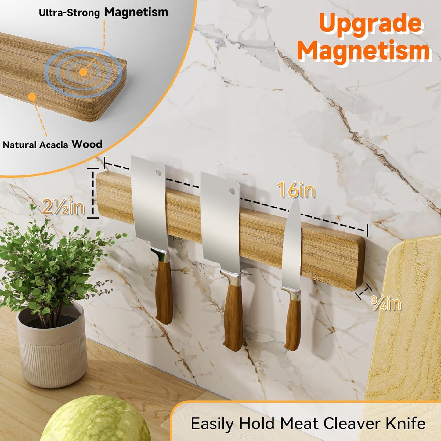 Magnetic Knife Holder for Wall, Acacia Wood Knife Magnetic Strip No Drill Knife Magnet Storage Bar Magnetic Tool Key Holder Strip for Kitchen Utensil Organizer (Light Brown, 16 Inch)