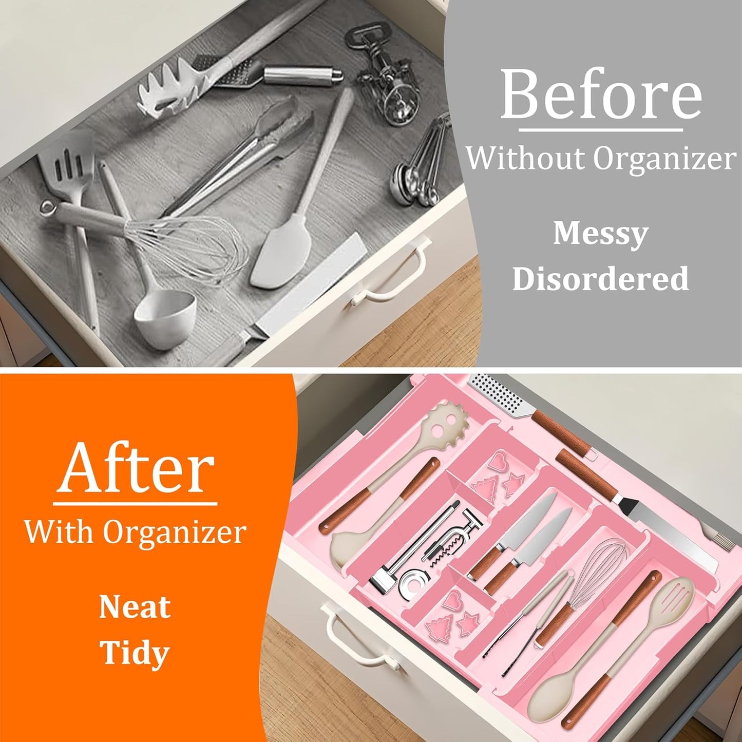 Large Utensil Drawer Organizer Expandable Silverware Organizer for Kitchen Drawer Adjustable Cooking Utensil Holder Cutlery Flatware Tray Spatula Tools Gadgets Storage Dividers Plastic Pink