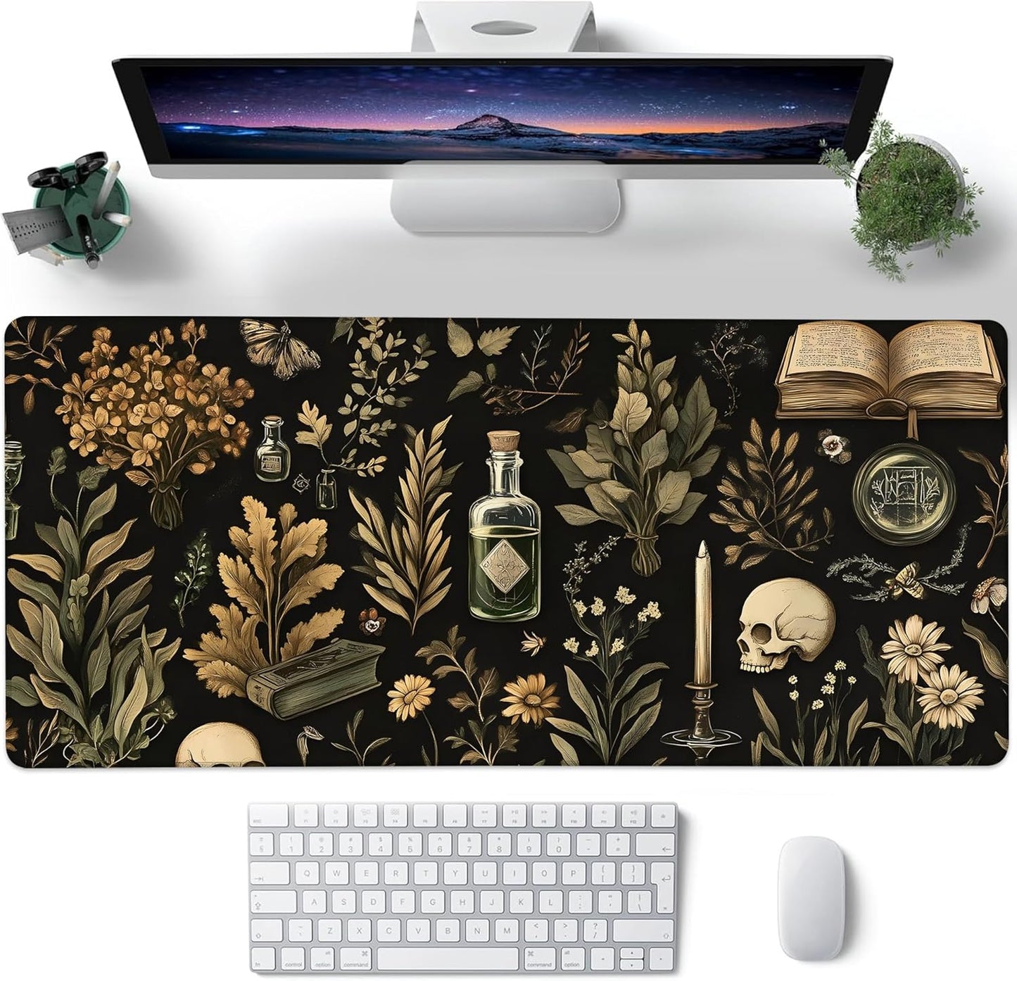 Desk Mat, Black Mystical Green Plant Skull Large Gaming Mouse Pad with Non-Slip Base Stitched Edges,Desk pad for Keyboard and Mouse Home Office 35.4"x15.7"