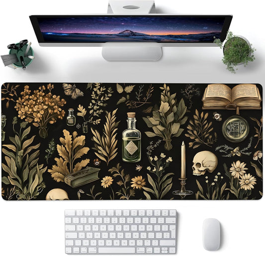 Desk Mat, Black Mystical Green Plant Skull Large Gaming Mouse Pad with Non-Slip Base Stitched Edges,Desk pad for Keyboard and Mouse Home Office 35.4"x15.7"