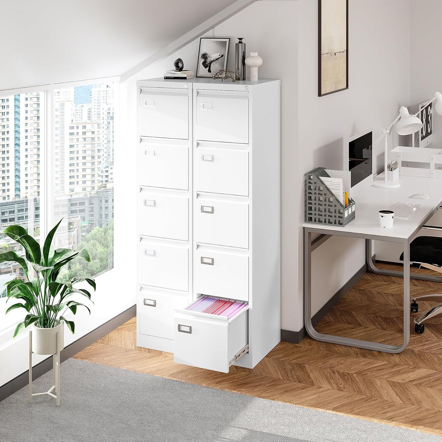 5 Drawer File Cabinet with Lock Metal Vertical File Cabinet Office Home Vertical File Cabinet for A4 Legal/Letter Size Narrow File Cabinet Locked,Assembly Required (White, 5 Drawers-Vertical)