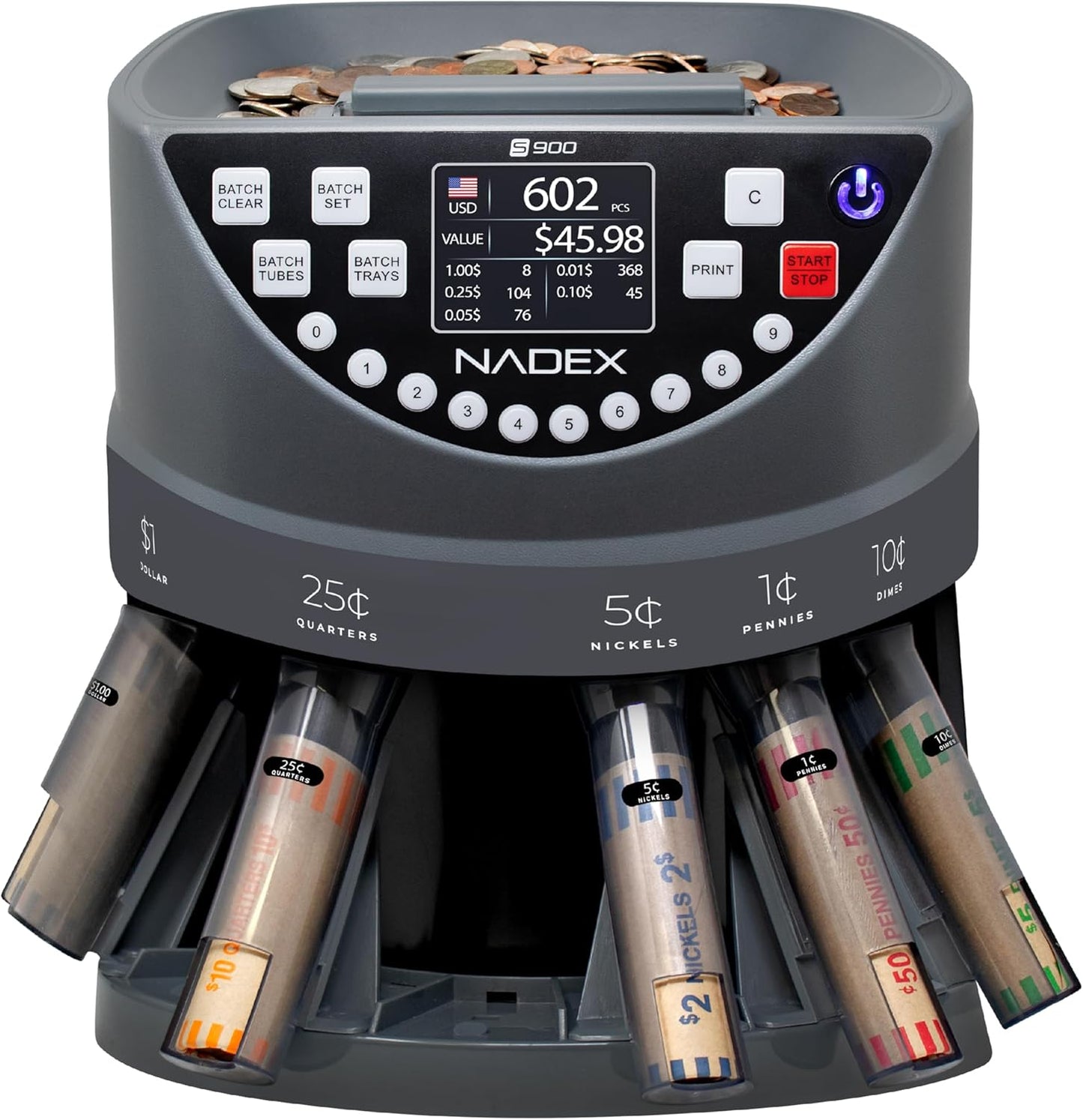 Nadex S900 Coin Sorter, Counter and Wrapper | 48 Preformed Wrappers Included