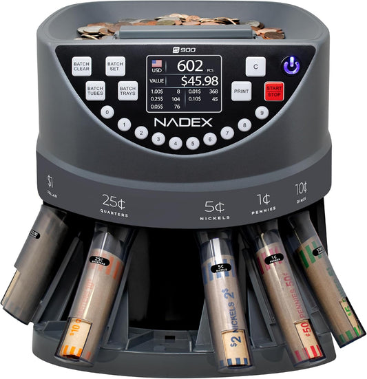 Nadex S900 Coin Sorter, Counter and Wrapper | 48 Preformed Wrappers Included