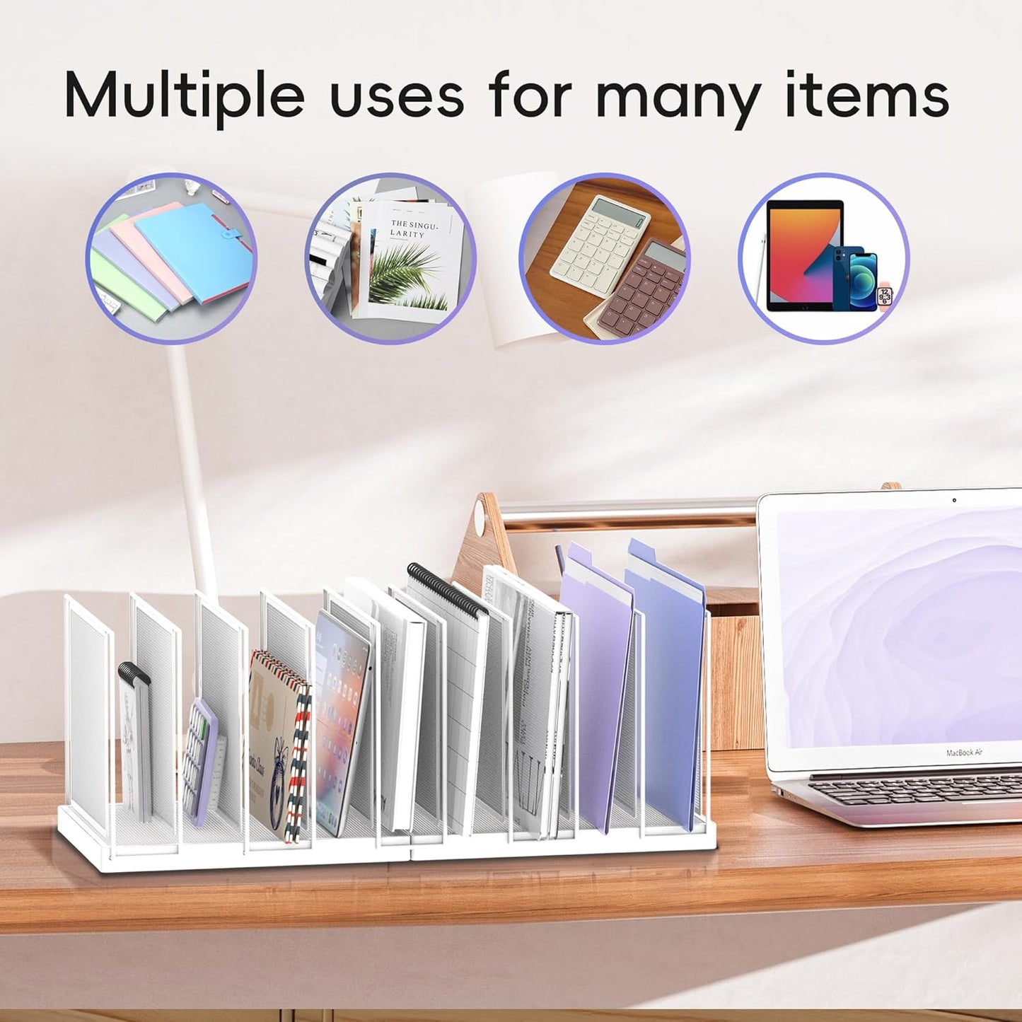 9-Section Desk File Organizer, Vertical File Holder, Mesh Desktop File Folder Metal File Organizer Stand for Office Home Classroom, White