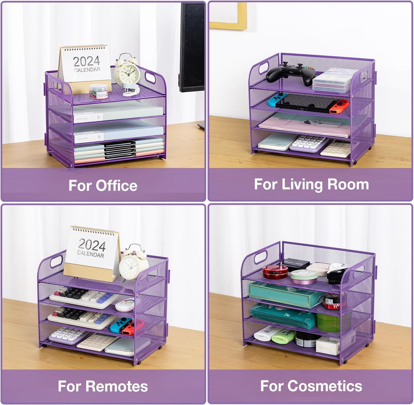 4-Tier Desk Organizer Paper Tray, Desk File Organizer with Handle, Mesh Desk Organizer Letter File Stackable Trays for Home Office Supplies and Accessories - Purple