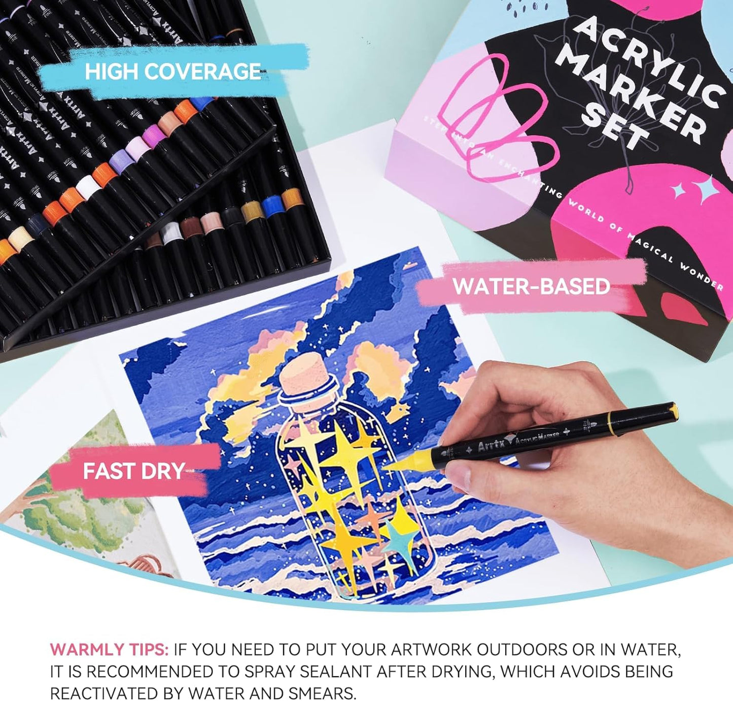 Arrtx 64 Colors Acrylic Marker for Rock Painting, Dual-Tip Paint Markers, Art Supplies, Fabric Paint, Fabric Markers, Paint Pen, Art Markers, Waterproof Paint DIY Crafts Making