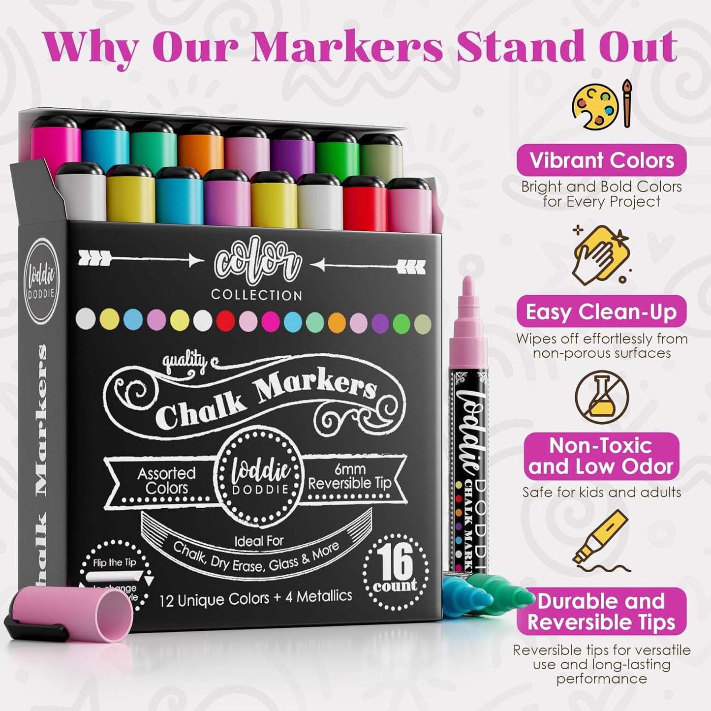 Loddie Doddie Chalk Markers - Pack of 16, 6mm Reversible Bullet & Chisel Tips - Non-Toxic Dust-Free Erasable Liquid Chalk Ink - Dry Erase Markers for Glass, Windows & Whiteboards