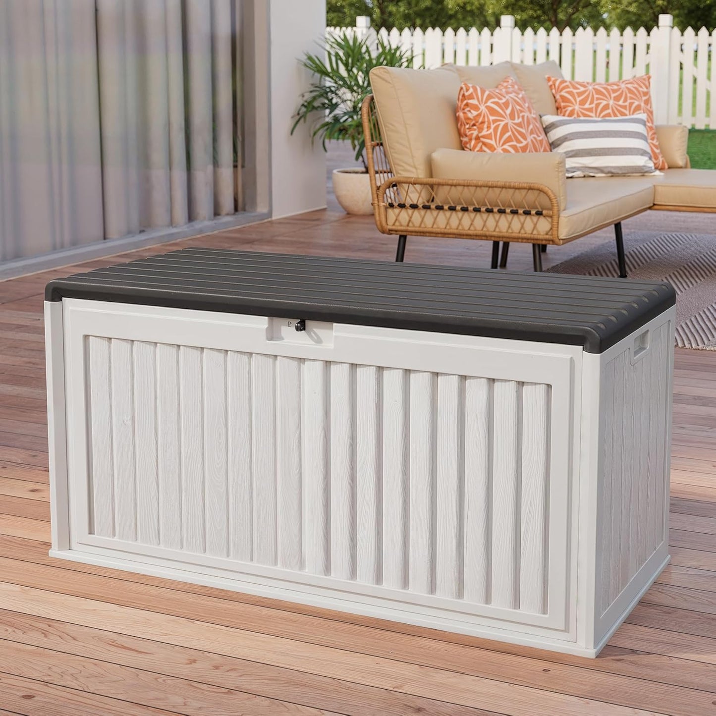 Gizoon 100 Gallon Deck Box, Resin Outdoor Storage Box with Lockable Lid, Waterproof and UV Resistant, Perfect for Storing Patio Mats, Garden Tools, Home and Outdoor Organization