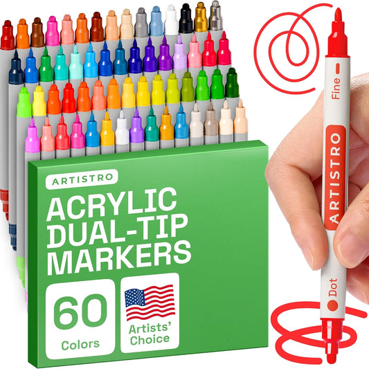 ARTISTRO 60 Dual Tip Acrylic Paint Markers, Acrylic Paint Pens, Fabric Markers for Textile, Rock, Glass, Wood, Paper, Ceramic, Canvas DIY Art Supplies Kit for Kids and Adults (Dual Tip Dot + Fine, 60)