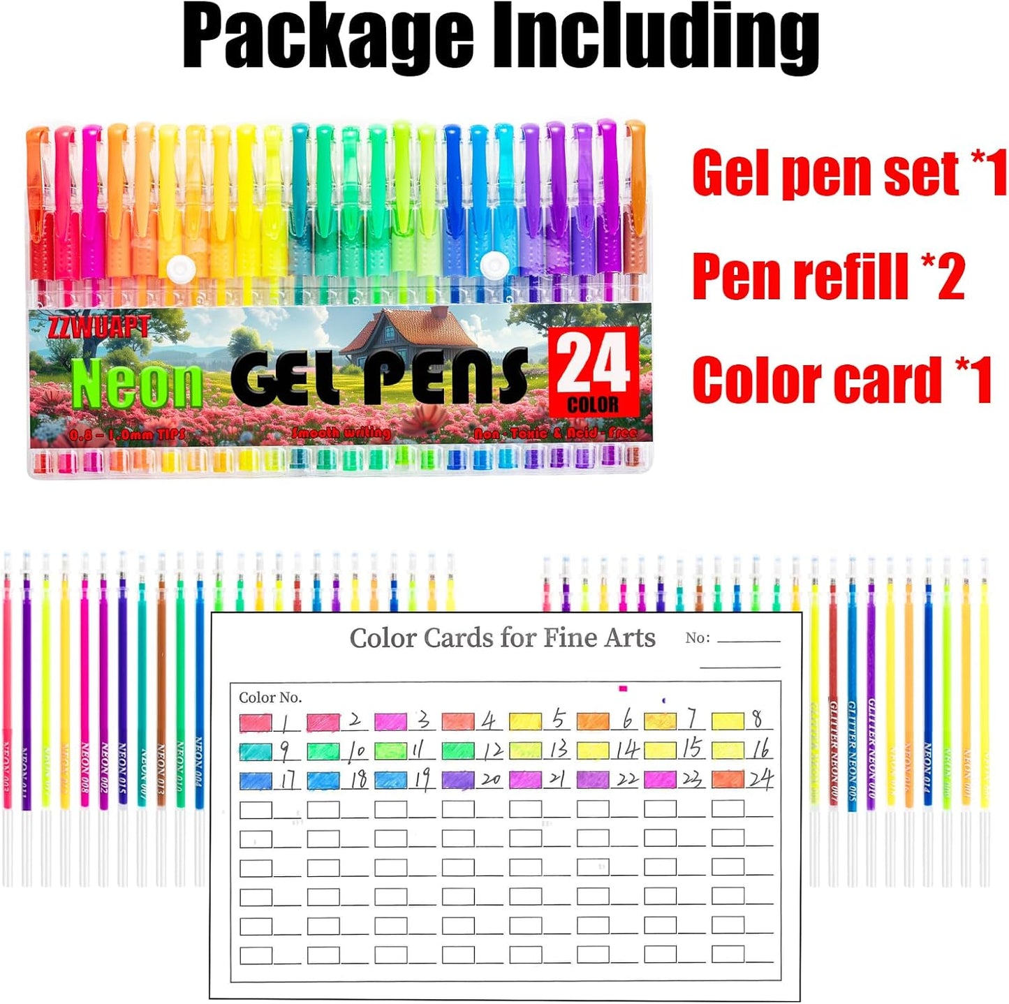 Neon Gel Pens for Coloring Book,72 Color Gel Pens Set including 24 Color Gel Pen with 48 Refills,40% More Ink Colored Gel Pens for Drawing, Doodling, Scrapbook, Journaling