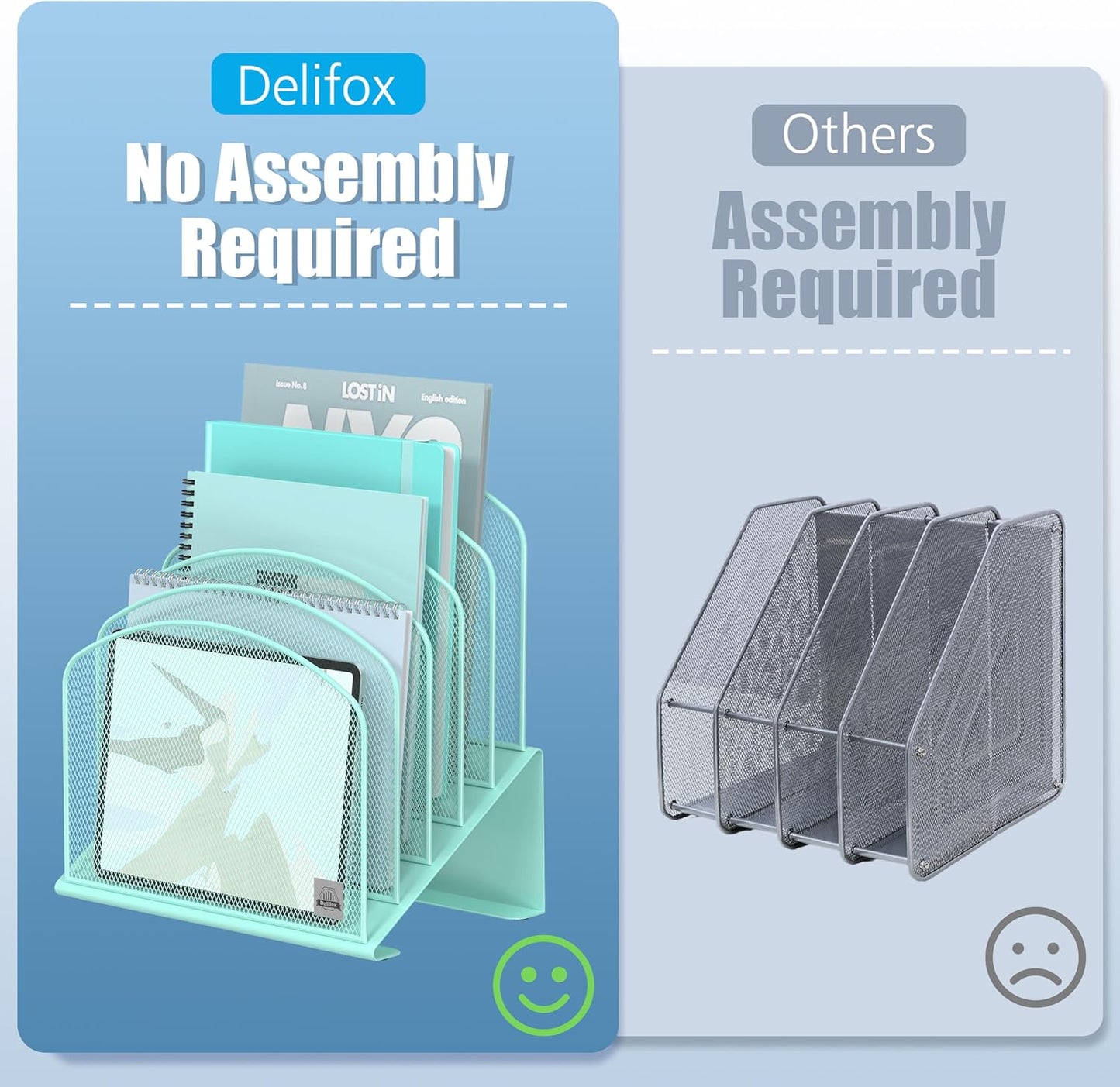 Inclined Desk File Organizer, 5-Section Vertical File Folder Holder Stand Metal Rack File Sorter for Office Classroom Desktop Organization