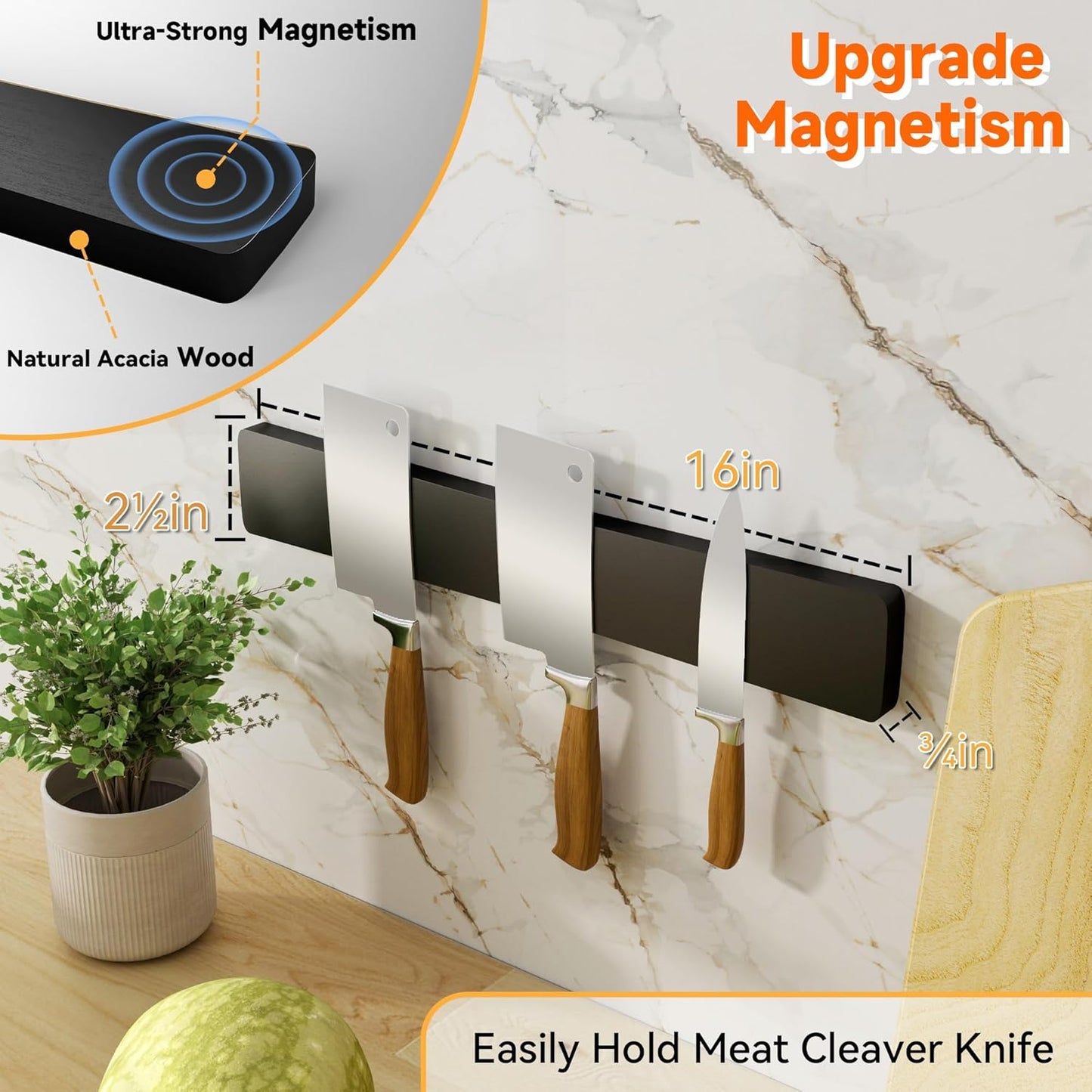 Magnetic Knife Holder for Wall, Acacia Wood Knife Magnetic Strip No Drill Knife Magnet Storage Bar Magnetic Tool Key Holder Strip for Kitchen Utensil Organizer (Black, 16 Inch)