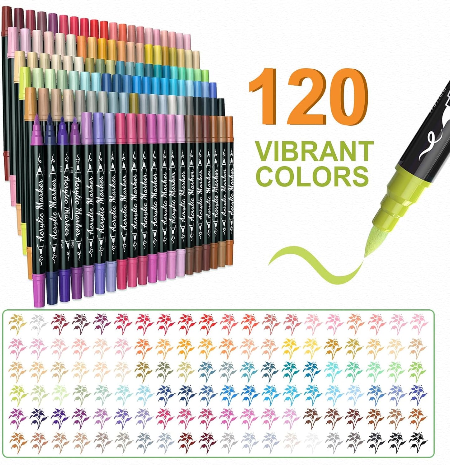 120 Colors Acrylic Paint Markers, Waterproof Dual Tip Acrylic Paint Pens with Brush and Fine Tip, Markers Set for Paper, Rock, Wood, Canvas, Glass, Ceramic and DIY Crafts Making Art Supplies