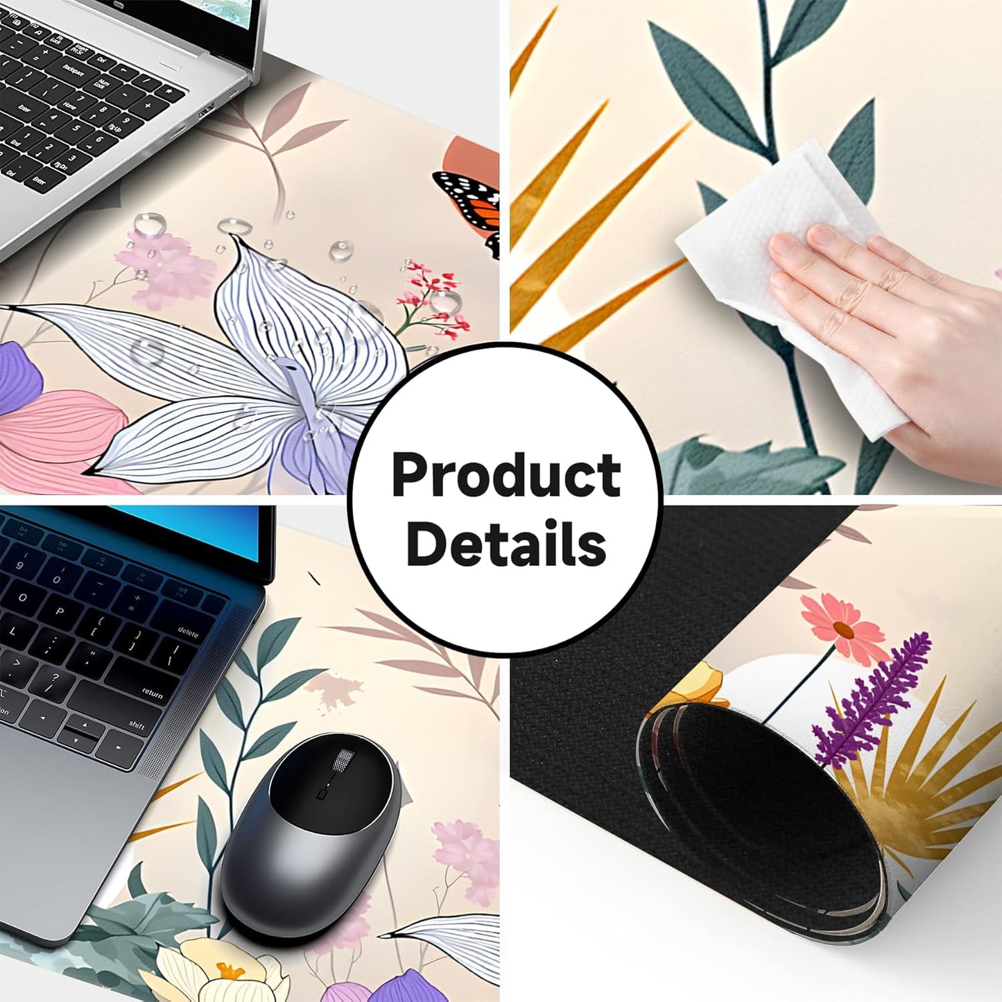 Large Gaming Mouse Pad (31.5"x11.8") - XXL PU Leather Waterproof Desk Mat with Non-Slip Rubber Base for Keyboard, PC & Office (Flower-Butterfly)