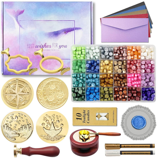 Wax Seal Stamp Kit with Gift Box, 672 Pcs Wax Seal Beads, 4 Pcs Wax Stamps, 2 Pcs Wax Seal Molds, Sealing Wax Warmer, Spoon, Mat, Metallic Pens, Candles, Wax Seal Kit for Craft Gift