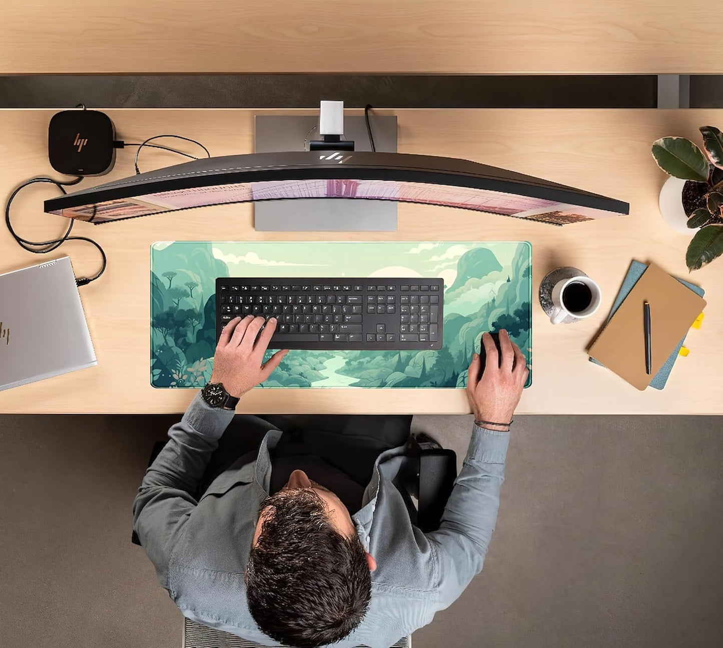 Cute Pastel Mint Green Forest Sage Desk Mat Anime Large Gaming Mouse Pad XL, Aesthetic Sunrise Laptop Computer Keyboard Mouse Mat, Women Office Desk Decor Cover Mat with Stitched Edges 31.5"x11.8"