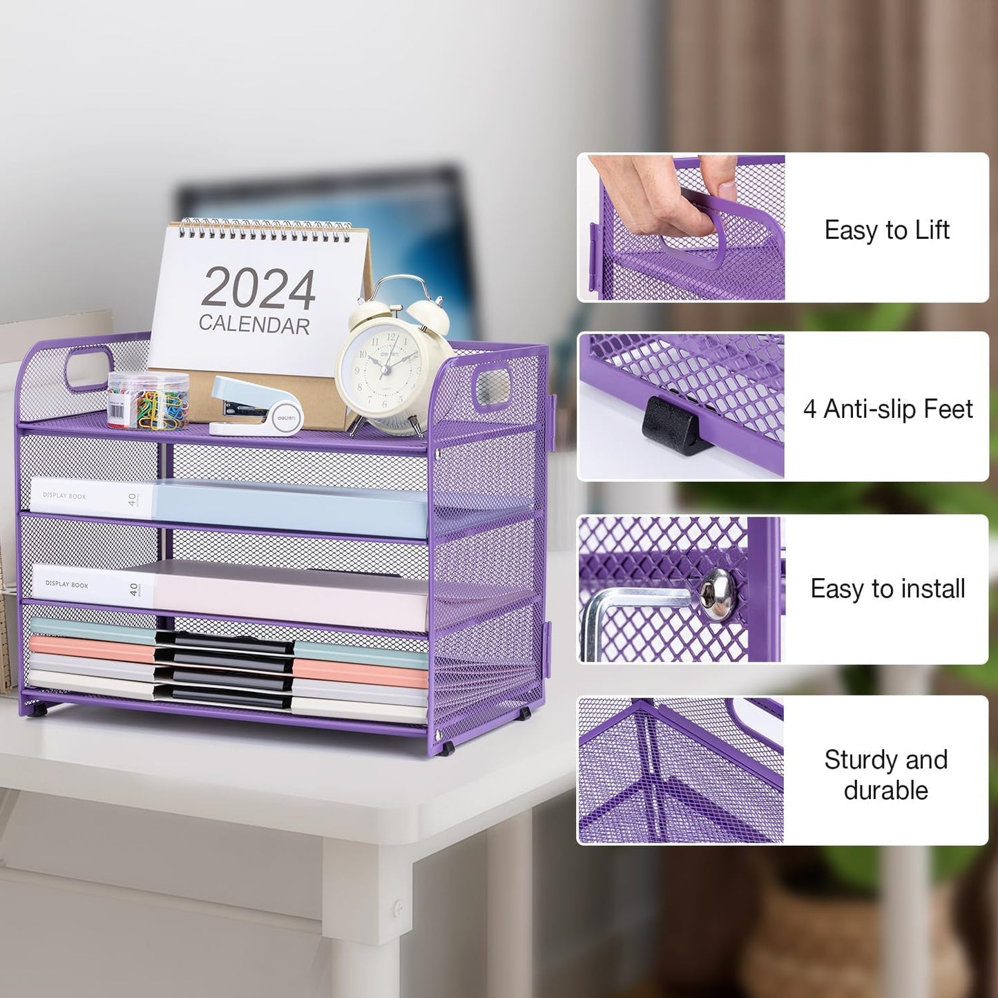 4-Tier Desk Organizer Paper Tray, Desk File Organizer with Handle, Mesh Desk Organizer Letter File Stackable Trays for Home Office Supplies and Accessories - Purple